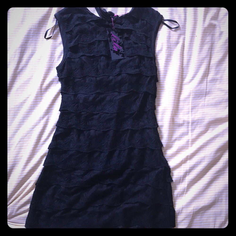 NEW with tags. Black sleeveless lace dress